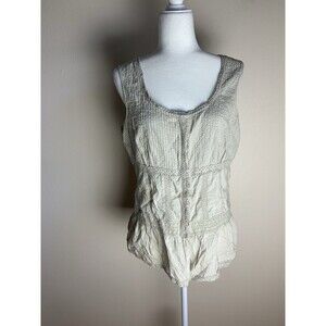 Faded Glory Womens Top M Green Earthy Cottage Prairie Y2K Ruffle Button Pintuck